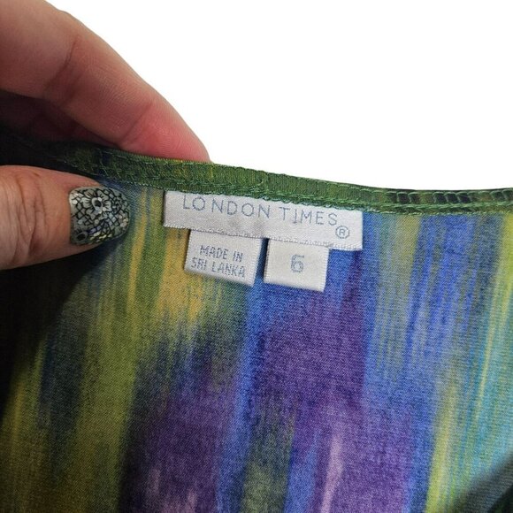 London Times Womens Abstract Multicolor Peacock Cowl Neck Dress 3/4 Sleeve 6 - Picture 3 of 8